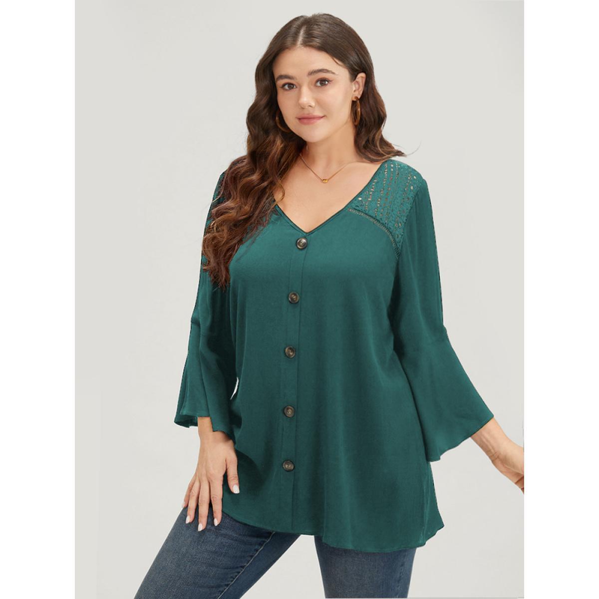 Plus Size Emerald Plain Crochet Lace Button Detail Bell Sleeve Blouse Women Elegant Elbow-length sleeve V-neck Dailywear Blouses BloomChic 26/4X Product Image