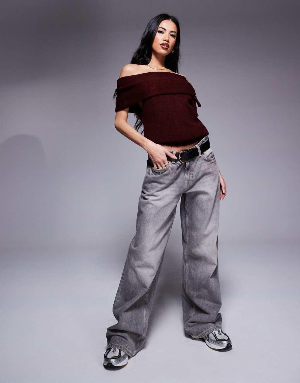 ASOS DESIGN off shoulder bardot sweater in burgundy Product Image