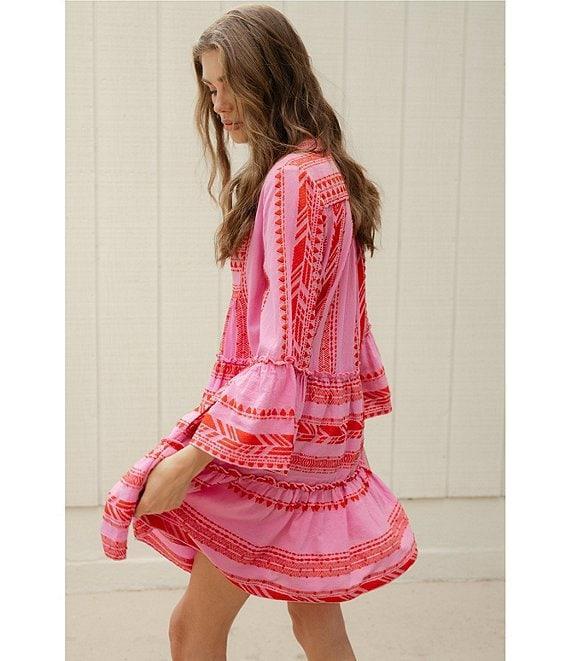 ELAN Arrow Print Split V-Neck 3/4 Bell Sleeve Babydoll Dress Product Image
