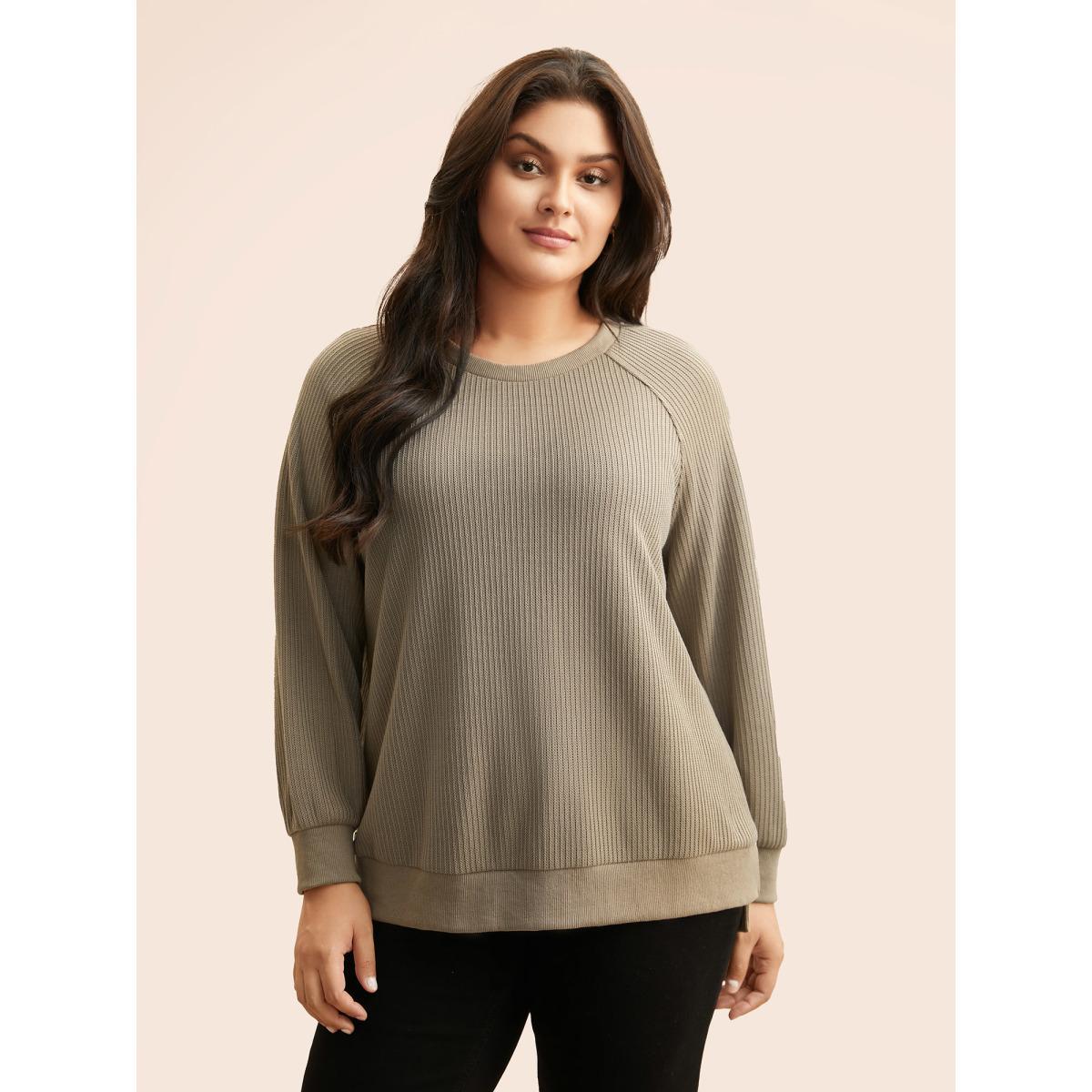 Plus Size Crew Neck Zipper Detail Raglan Sleeve Sweatshirt Women LightBrown Casual Texture Loose Round Neck Everyday Sweatshirts BloomChic 30/6X Product Image