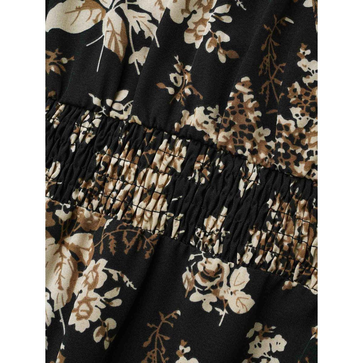 Plus Size Floral Overlap Collar Shirred Midi Dress BlackFlower Women Elegant Shirred Overlap Collar Long Sleeve Curvy BloomChic 26/4X Product Image