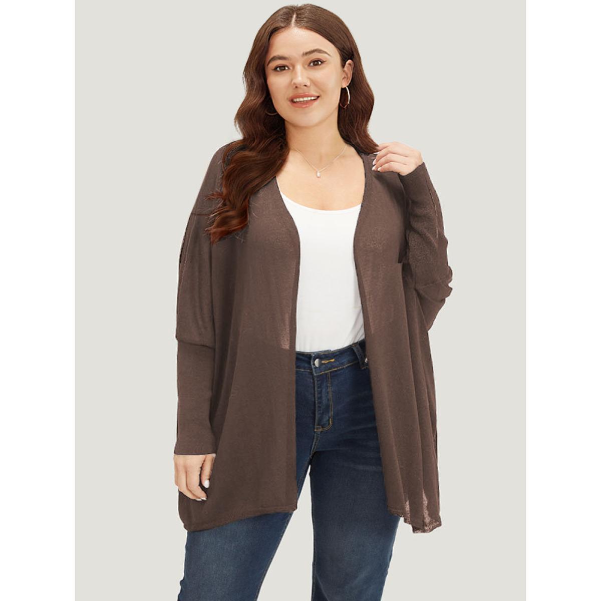 Plus Size Plain Open Front Batwing Sleeve Elastic Cuffs Cardigan DarkBrown Women Casual Loose Long Sleeve Everyday Cardigans BloomChic 14-16/1X Product Image