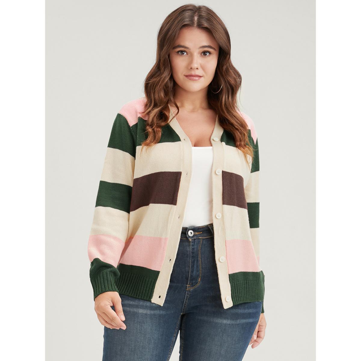 Plus Size Striped Colorblock Contrast Pointelle Knit Button Front Cardigan Beige Women Casual Long Sleeve Dailywear Cardigans BloomChic 26/4X Product Image