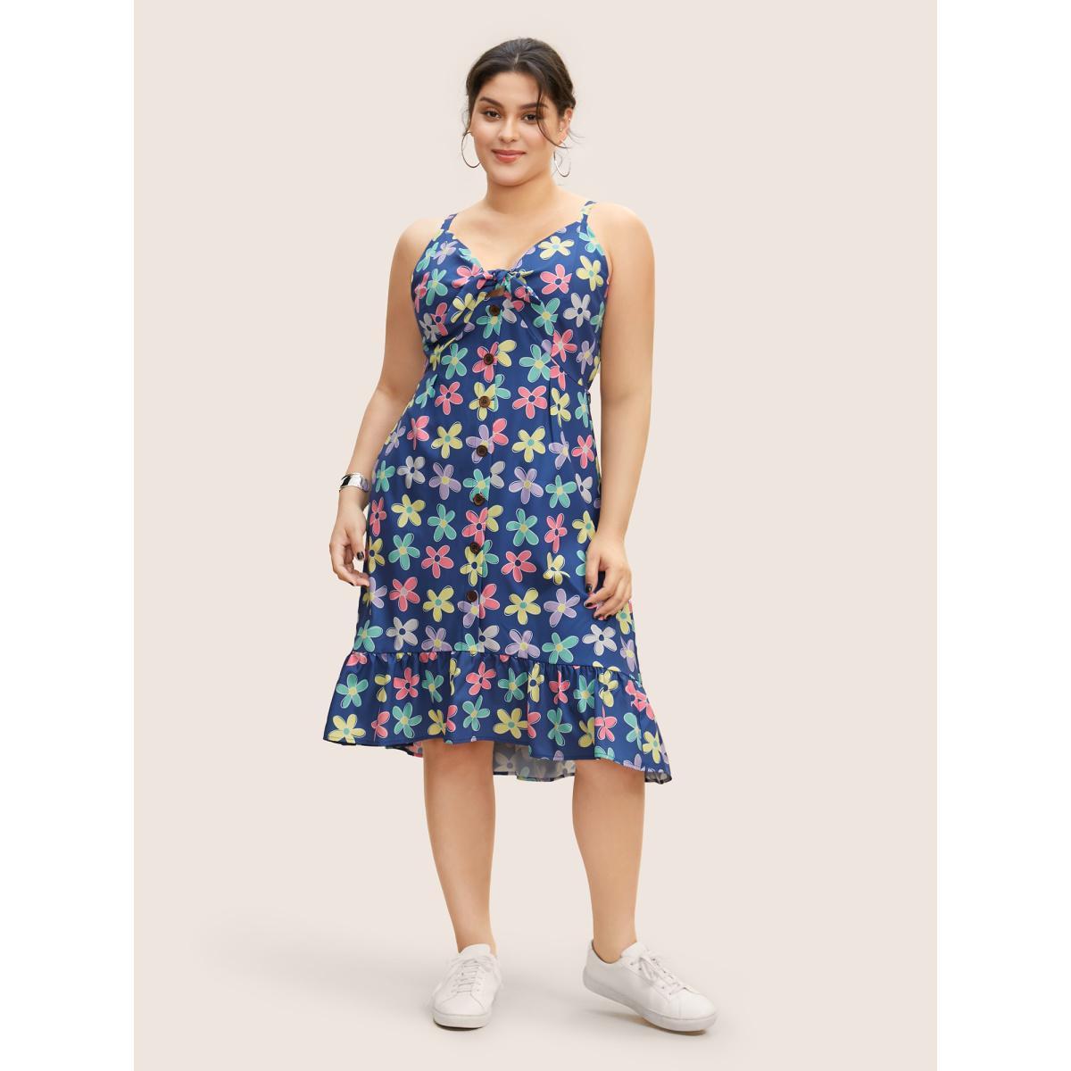Plus Size V Neck Floral Twist Front Button Detail Dress Mediumblue Women Casual Twist V-neck Sleeveless Curvy BloomChic 18-20/2X Product Image