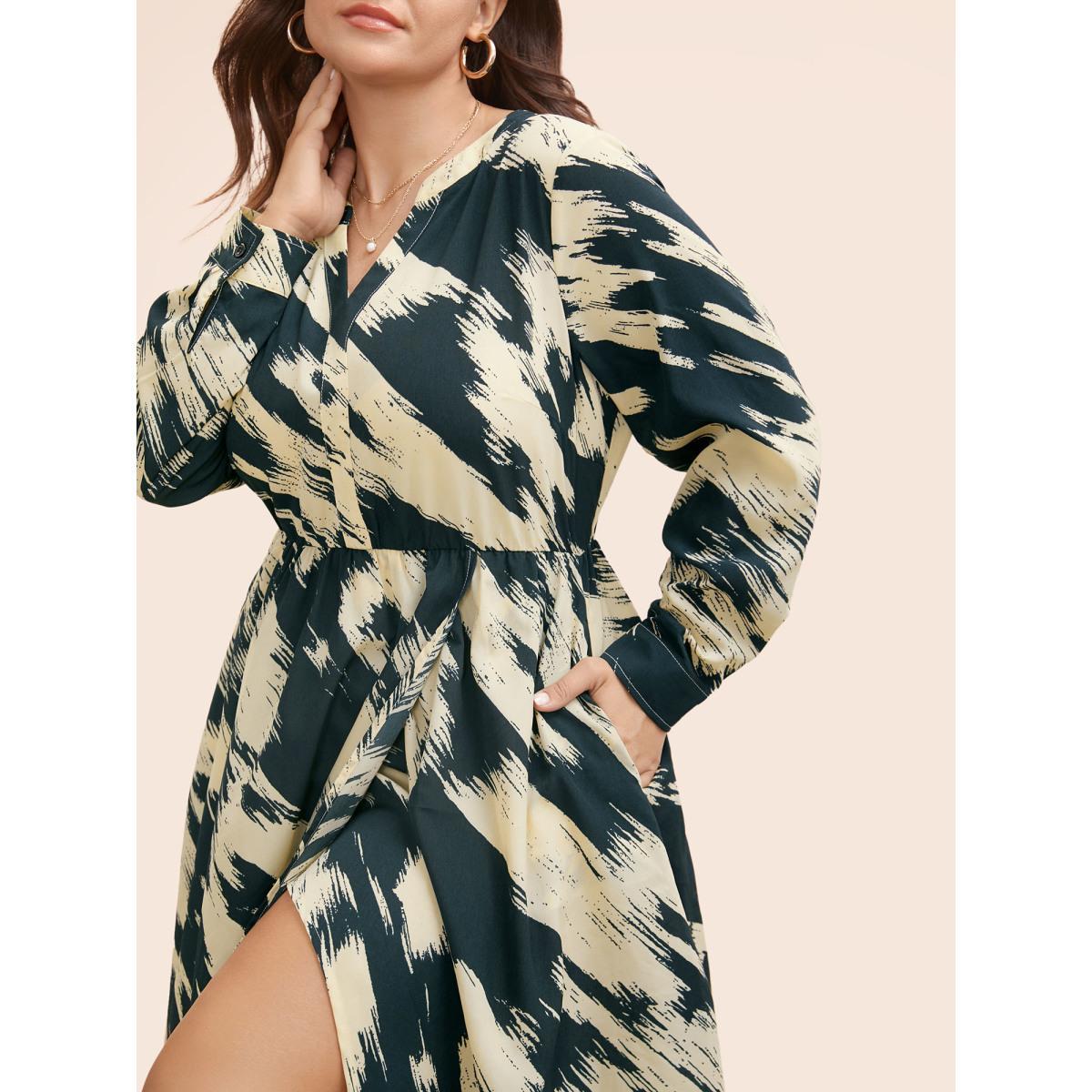 Plus Size Brush Print Notched Collar Midi Dress DarkSlateGray Women At the Office Contrast Notched collar Long Sleeve Curvy BloomChic 30/6X Product Image