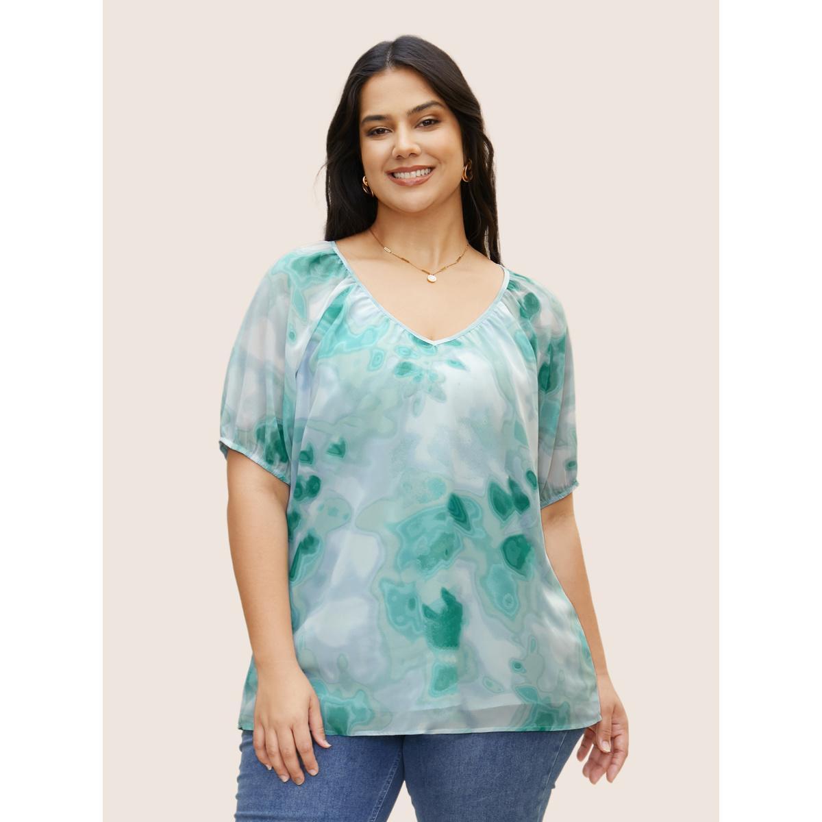 Plus Size Turquoise Synthetic Texture Raglan Sleeve Gathered Blouse Women Elegant Short sleeve V-neck Everyday Blouses BloomChic 10/M Product Image
