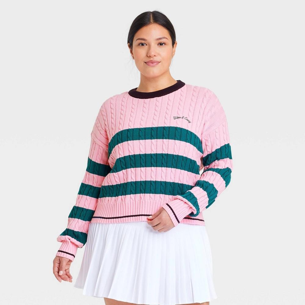 Women's Striped Cable Knit Pullover Sweater - All In Motion™ XXL: Crew Neck, Long Sleeve Product Image