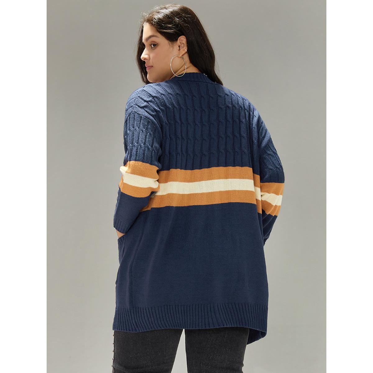 Plus Size Cable Knit Colorblock Contrast Open Front Cardigan Multicolor Women Casual Loose Long Sleeve Dailywear Cardigans BloomChic 10/M Product Image