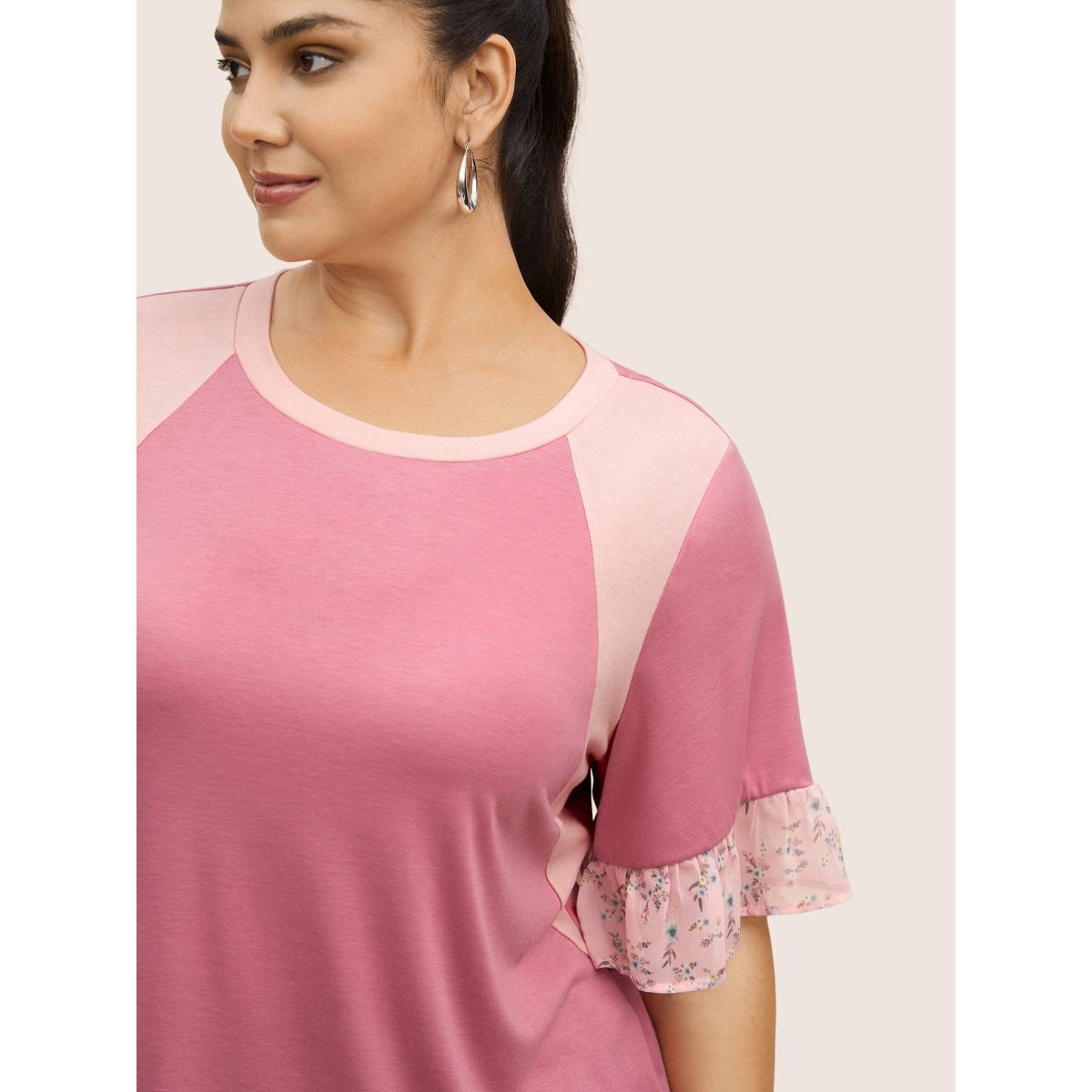 Plus Size Floral Patchwork Contrast Ruffles T-shirt Pink Women Elegant Contrast Round Neck Everyday T-shirts BloomChic 10/M Product Image