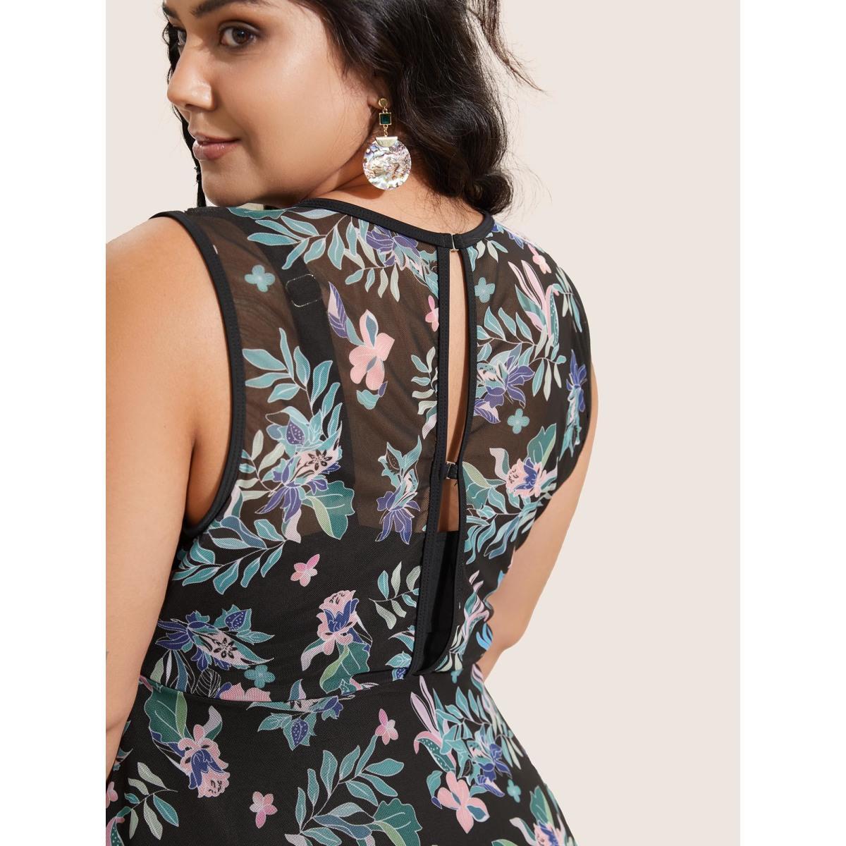 Plus Size U Neck Tropical Print See Through Swim Dress Women's Swimwear Black Beach Bodycon U-neck High stretch Curve Swim Dresses BloomChic 14-16/1X Product Image