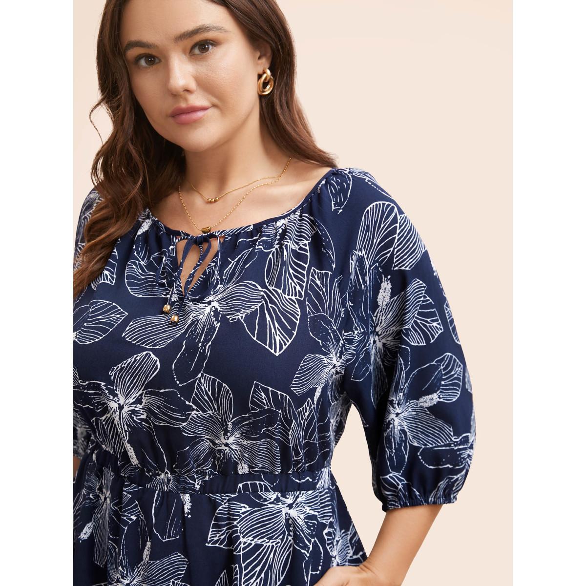 Plus Size Silhouette Floral Print Tie Knot Dress Navy Women Elegant Tie knot V-neck Elbow-length sleeve Curvy BloomChic 22-24/3X Product Image