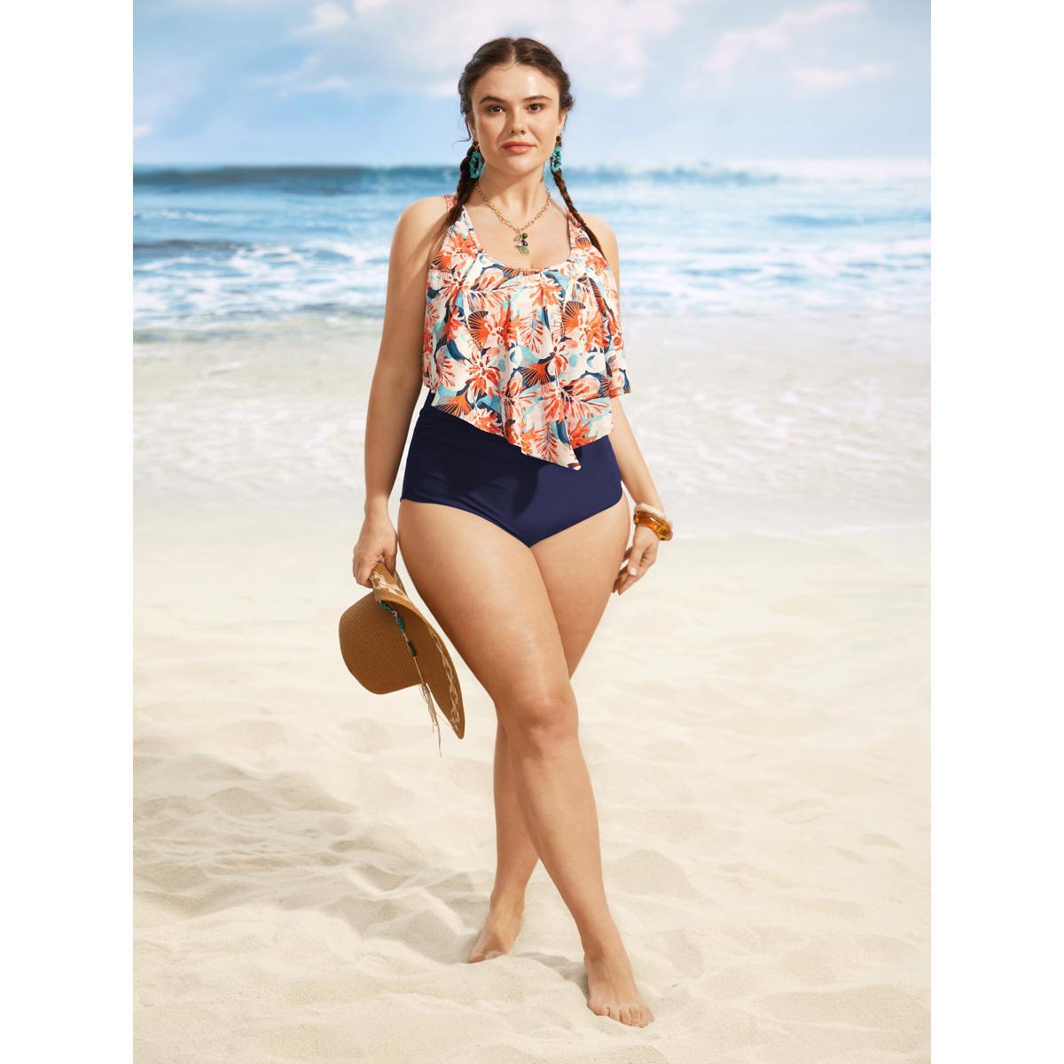 Plus Size Floral Print Tiered Ruffles One Piece Swimsuit Women's Swimwear Indigo Beach Gathered Curve Bathing Suits High stretch One Pieces BloomChic 26/4X Product Image