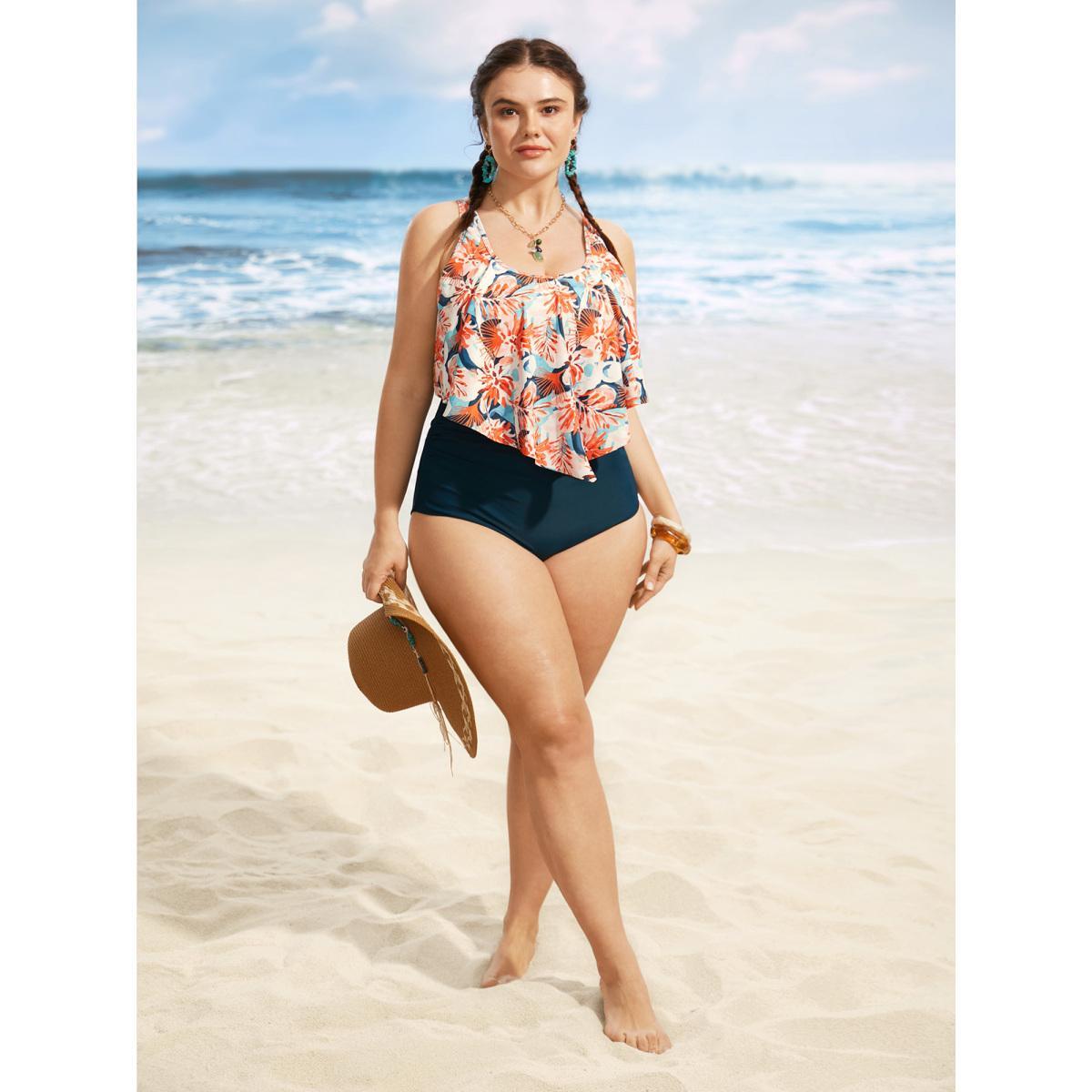 Plus Size Floral Print Tiered Ruffles One Piece Swimsuit Women's Swimwear Cyan Beach Gathered Curve Bathing Suits High stretch One Pieces BloomChic 28/5X Product Image