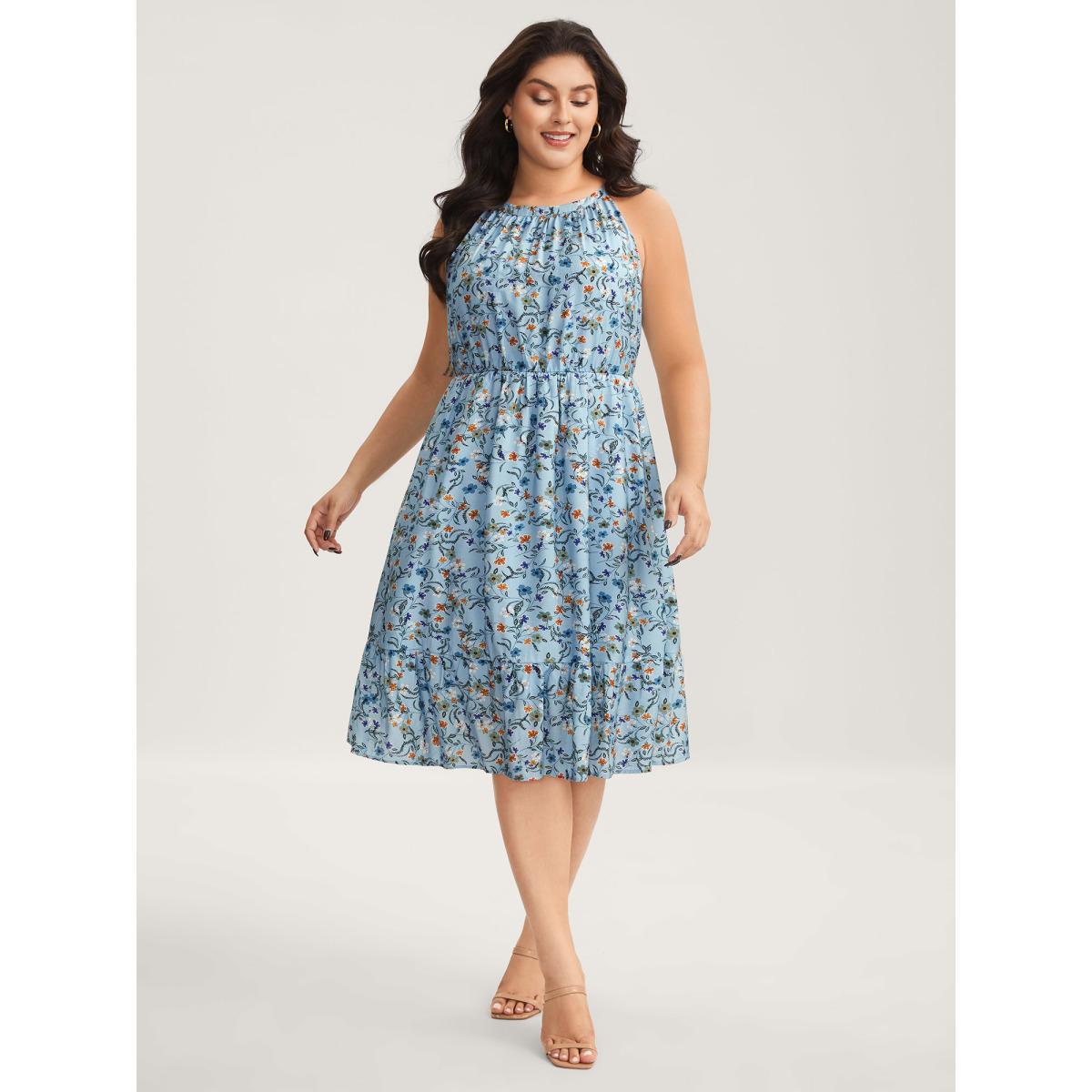 Plus Size Floral Print Halter Neck Tiered Midi Dress Stone Women Halter neck Sleeveless Curvy BloomChic 10/M Product Image