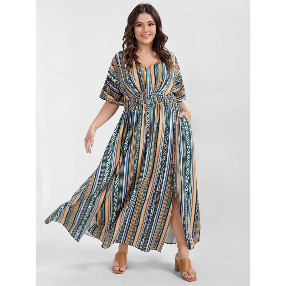 Multi Striped Bohemian Print Plus Size Women Maxi Dress Dailywear Elastic Waist Dolman Short Sleeve V Neck Pocket Vacation Dresses Product Image