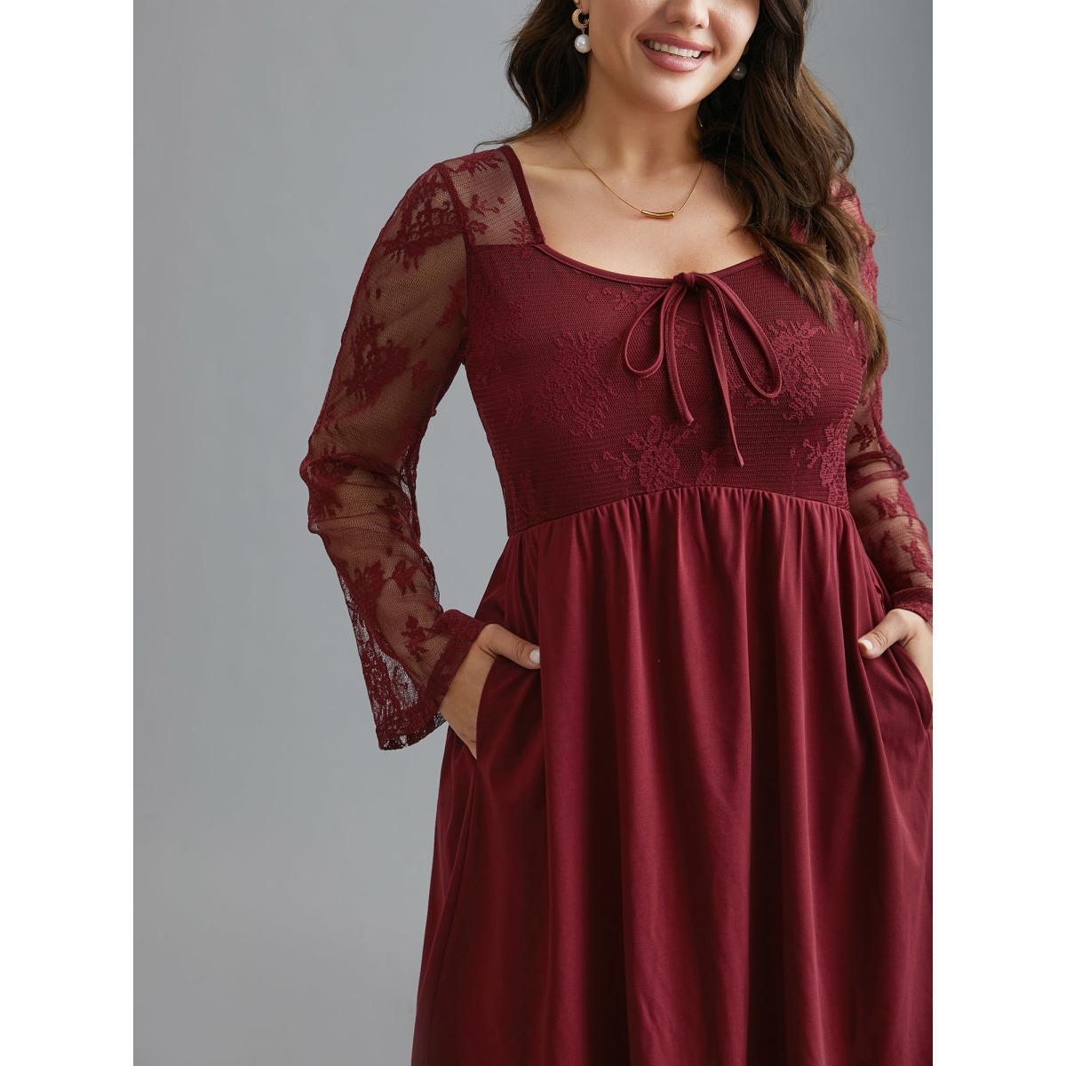 Plus Size Crochet Lace Mesh Bell Sleeve Dress Scarlet Women Elegant Woven ribbon&lace trim Heart neckline Long Sleeve Curvy BloomChic 22-24/3X Product Image