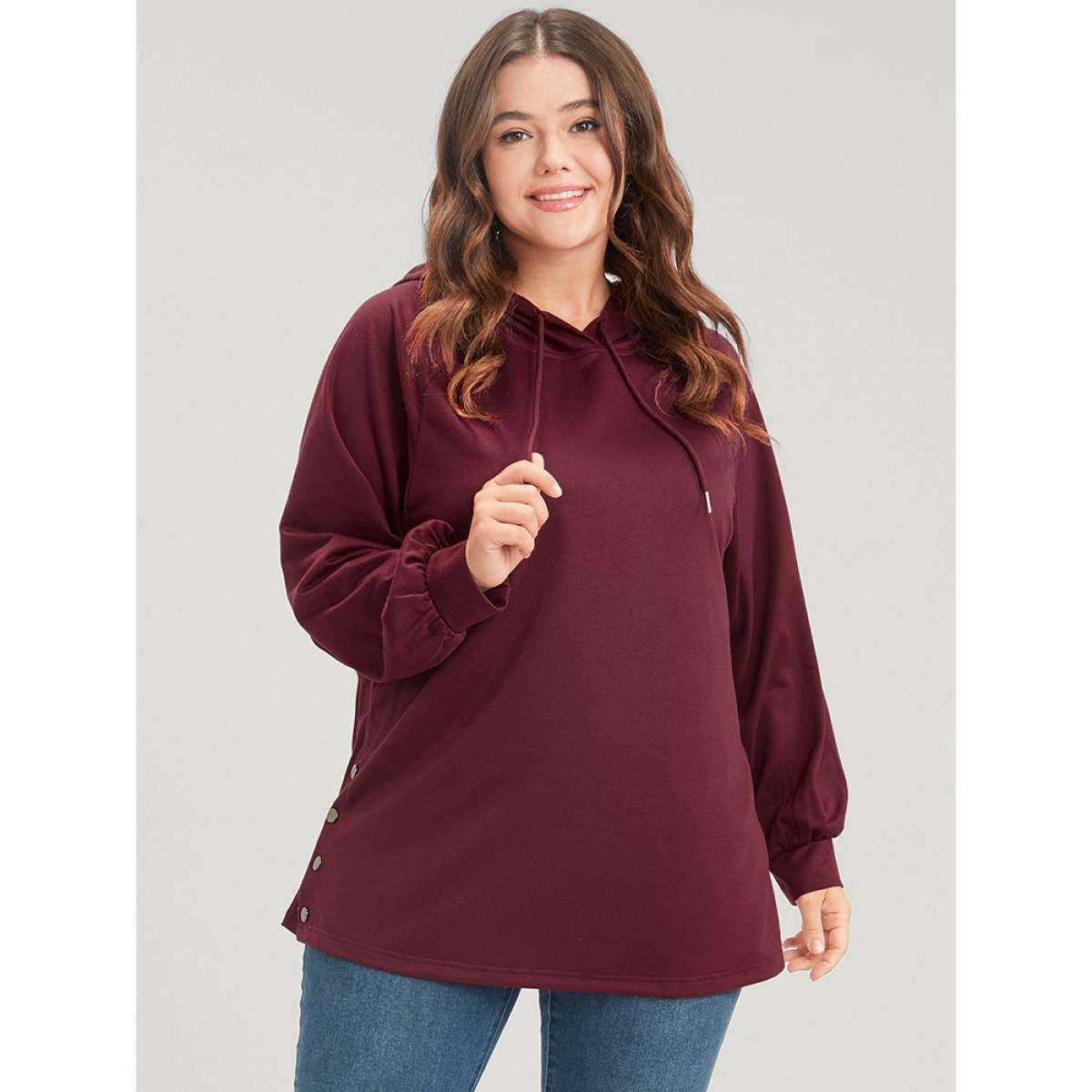 Plus Size Solid Button Side Drop Shoulder Hooded Sweatshirt Women Scarlet Casual Button Hooded Dailywear Sweatshirts BloomChic 10/M Product Image