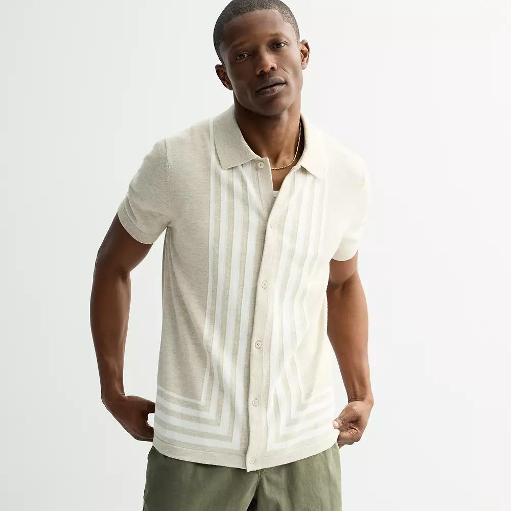 Men's Apt. 9® Knit Button-Up Placement Stripe Shirt, Size: XL, Ivory Stripe Product Image