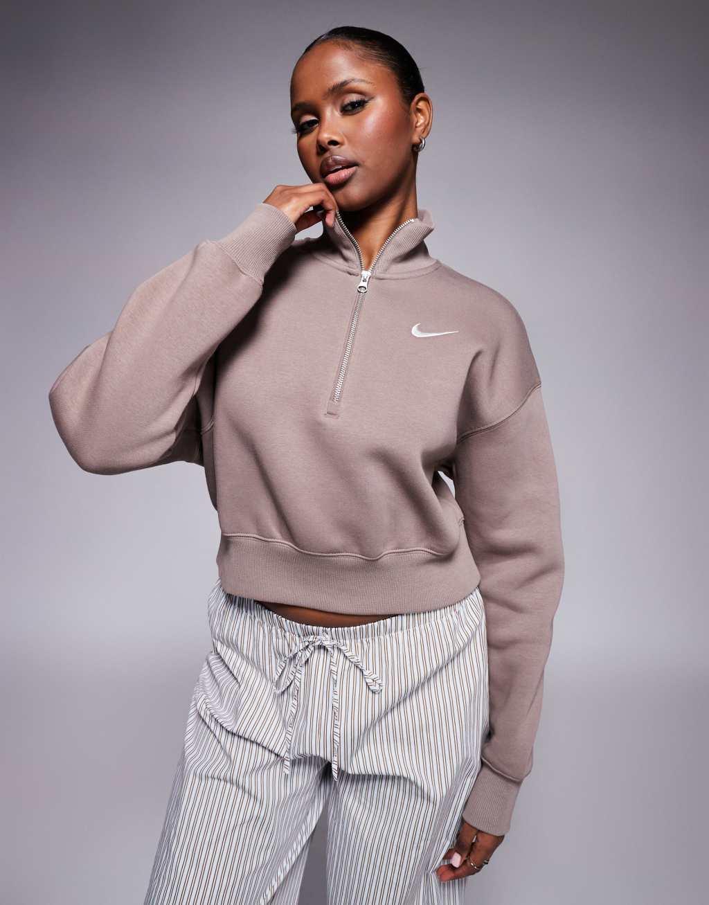 Nike Phoenix Fleece half zip sweatshirt in brown Product Image