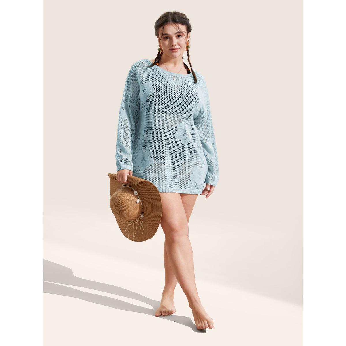 Plus Size Flowers Drop shoulder sleeve Swim Cover Up Women's Swimwear LightBlue Beach Loose Texture Curve Swim Cover Ups BloomChic 12/L Product Image