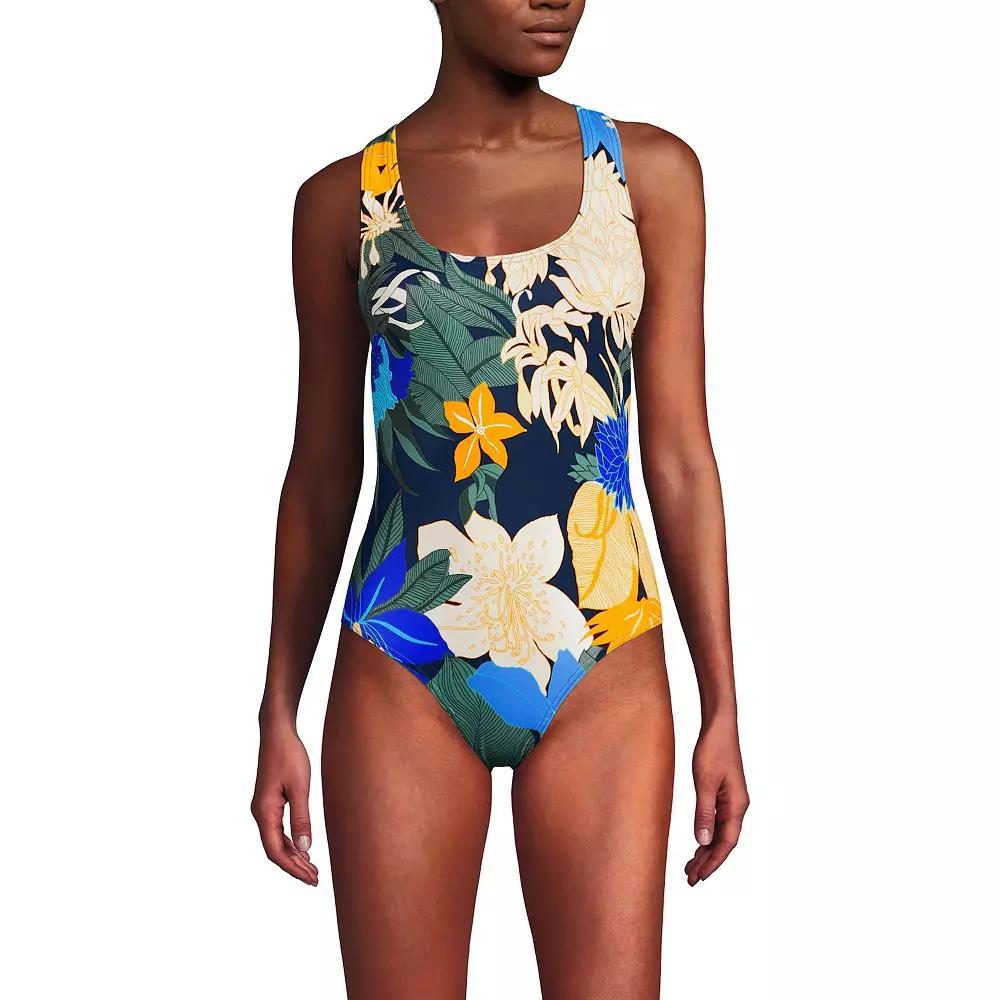 Womens Lands End Chlorine Resistant Scoop Neck Sporty One-Piece Swimsuit Blue Floral Blooms Product Image