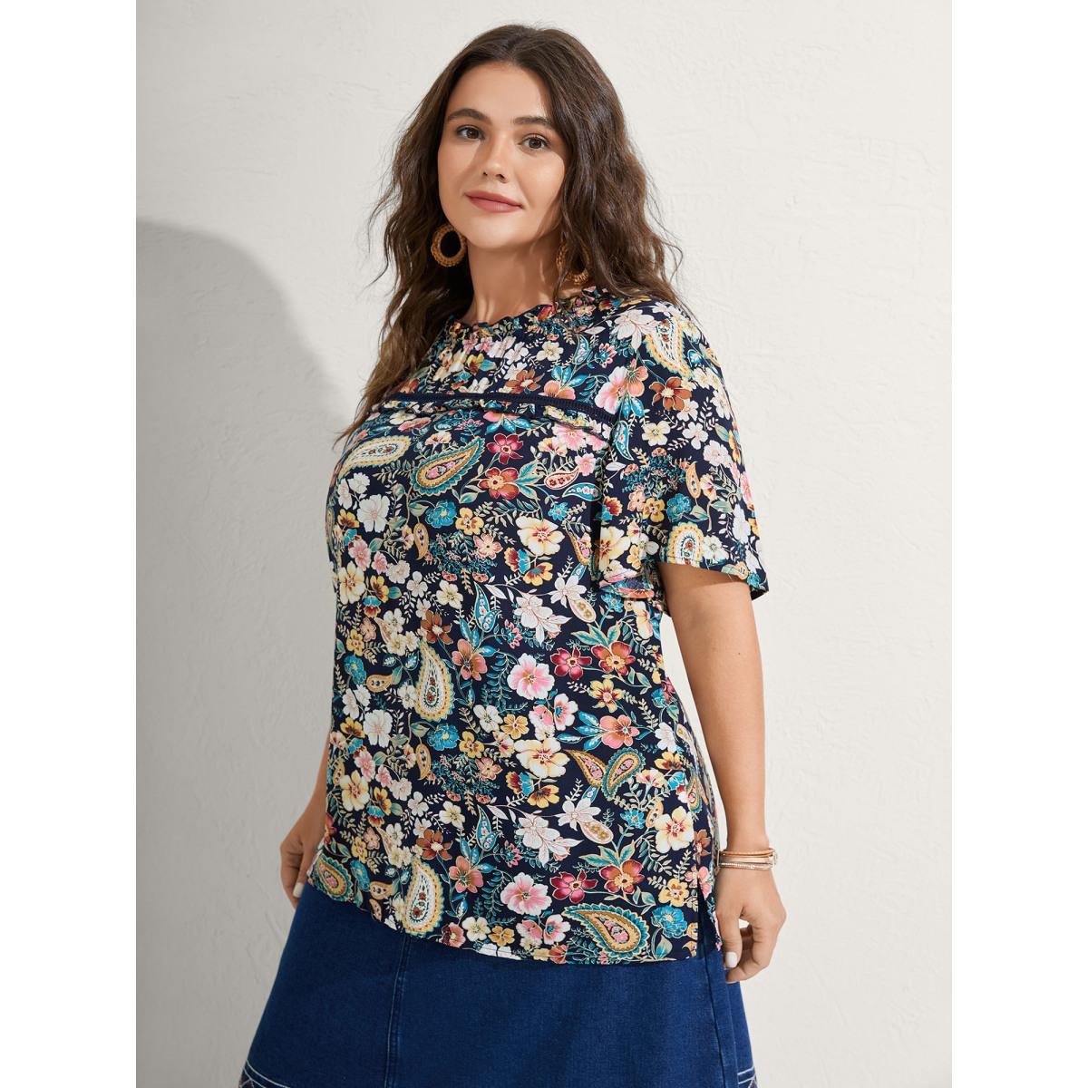 Plus Size Indigo Paisley Print Lace Ruffled Blouse Women Short sleeve Mock Neck Vacation Blouses BloomChic 12/L Product Image