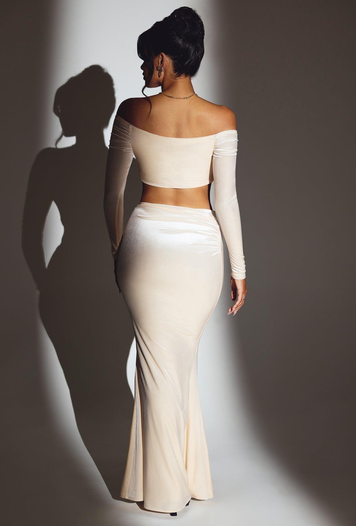 Velvet Mid-Rise Maxi Skirt in Ivory Product Image