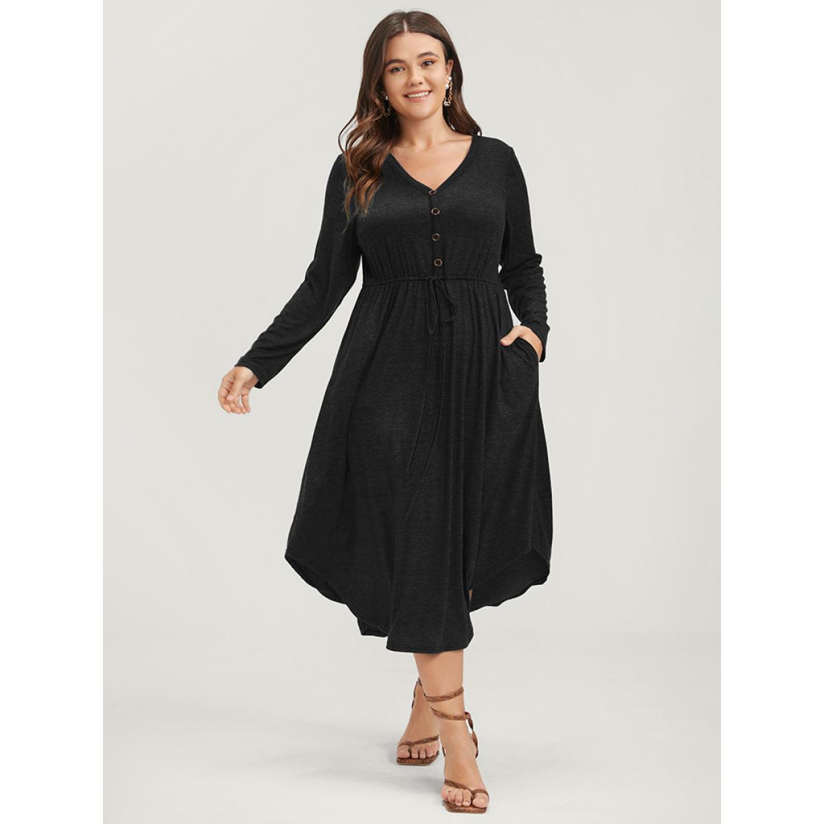 Plus Size Solid Pocket Button Asymmetrical Hem Ties Midi Dress Black Women Casual Patchwork V-neck Long Sleeve Curvy Midi Dress BloomChic 28/5X Product Image