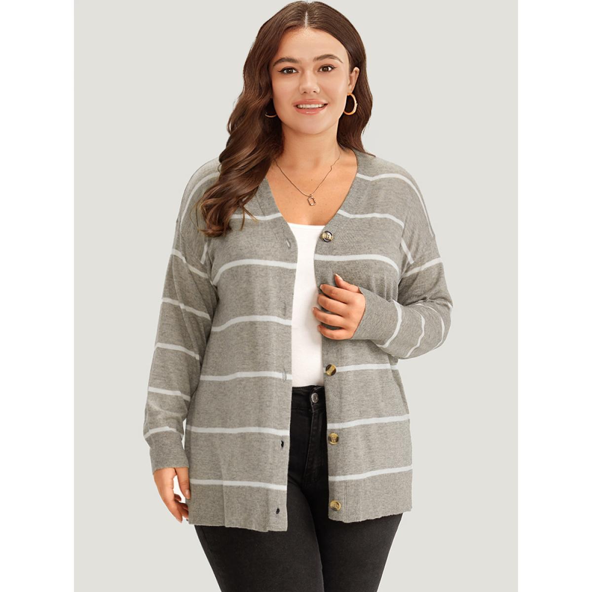 Plus Size Supersoft Essentials Striped Button Through Elastic Cuffs Cardigan DarkGray Women Casual Loose Long Sleeve Dailywear Cardigans BloomChic 26/4X Product Image