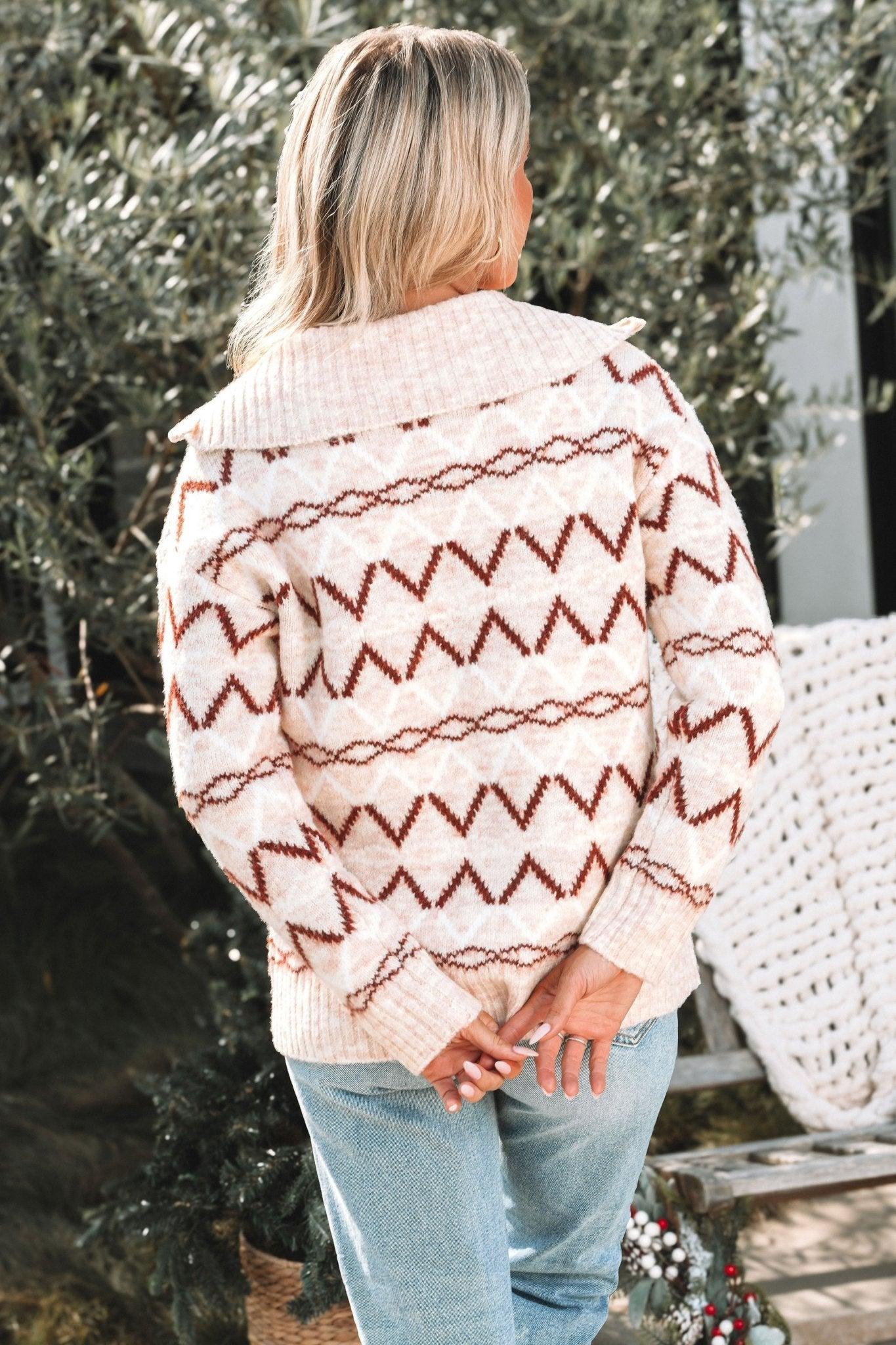 Cream Multi Print Zip Up Sweater - FINAL SALE Product Image