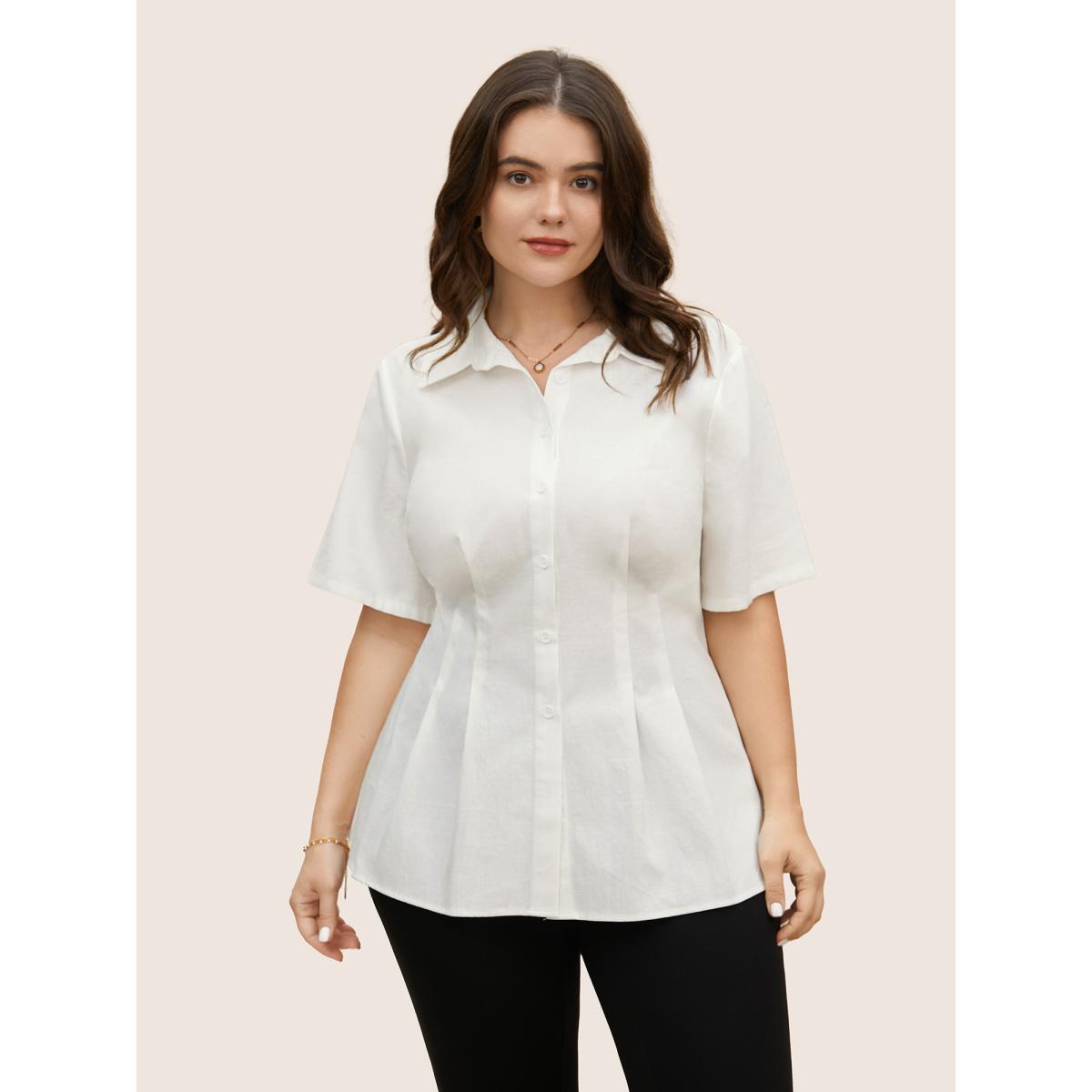 Plus Size Ivory Plain Shirt Collar Waist Design Blouse Women At the Office Short sleeve Shirt collar Work Blouses BloomChic 14-16/1X Product Image