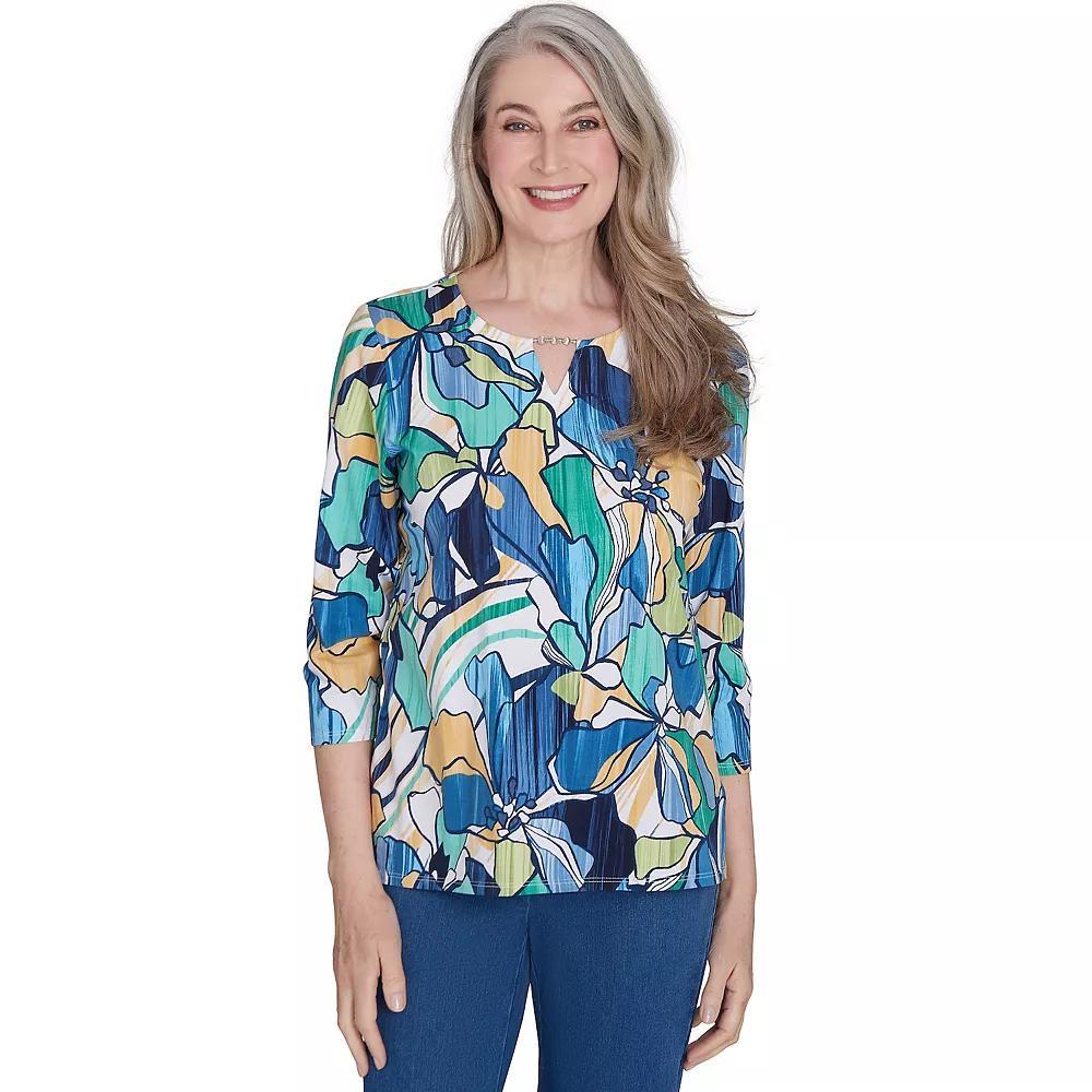 Women's Alfred Dunner Drama Floral Three-Quarter Sleeve Top, Size: XL, Blue Product Image