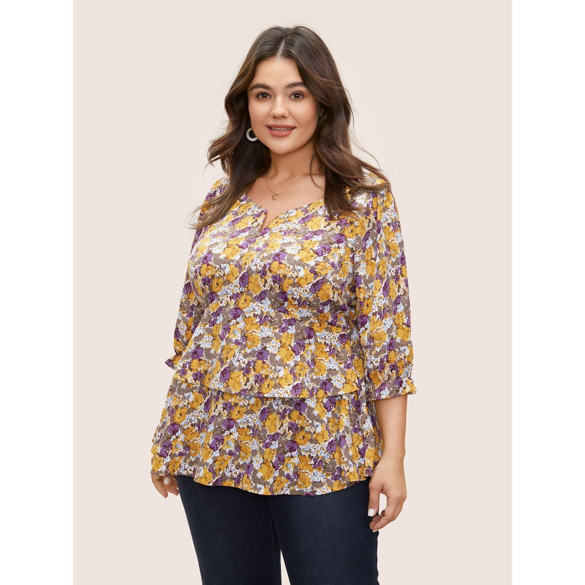 Plus Size Apricot Floral Allover Print Ruffles Tiered Hem Blouse Women Elegant Elbow-length sleeve Notched collar Everyday Blouses BloomChic 10/M Product Image