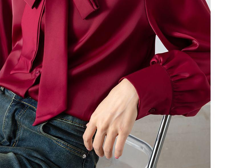 Long-Sleeve Tie-Neck Plain Button-Up Blouse Product Image