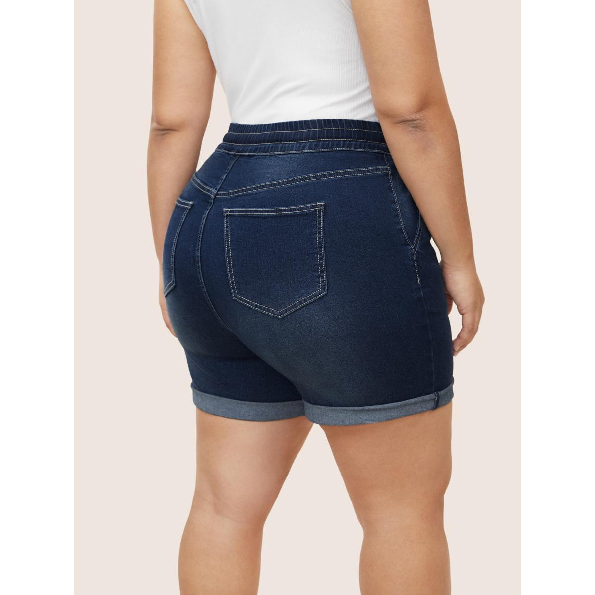 Plus Size Roll Hem Elastic Waist Drawstring Denim Shorts Women Indigo Drawstring High stretch Everyday Slanted pocket Casual Denim Shorts BloomChic 12/L Product Image