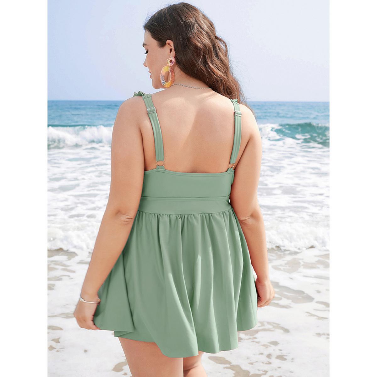 Plus Size Ruffle Trim Adjustable Straps Gathered Sculpt Waist Swim Dress Women's Swimwear LightGreen Beach Bodycon V-neck High stretch Curve Swim Dresses BloomChic 26/4X Product Image