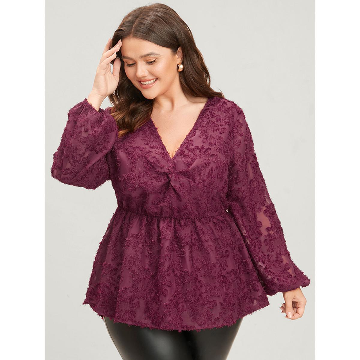 Plus Size Burgundy Floral Textured Mesh Lantern Sleeve Twist Front Blouse Women Glamour Long Sleeve V-neck Going out Blouses BloomChic 30/6X Product Image
