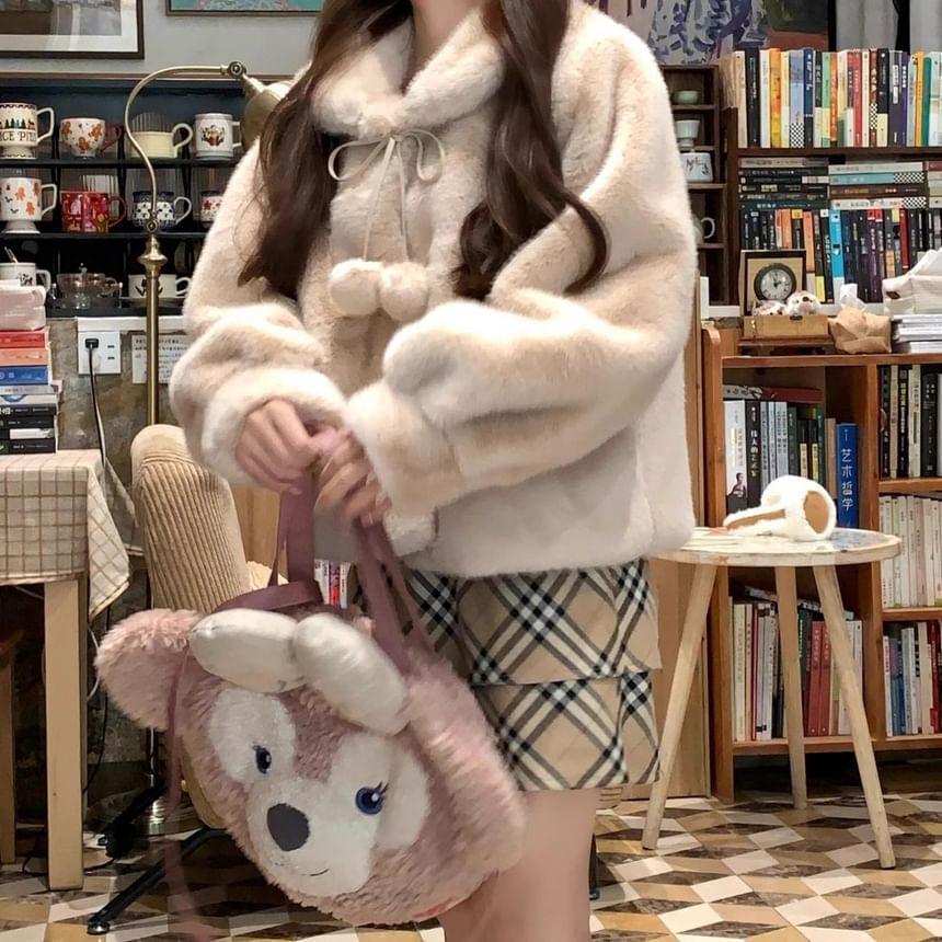 Collared Plain Pom Pom Fluffy Tie Front Jacket Product Image