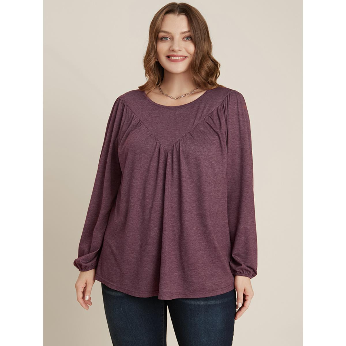 Plus Size DustyPink Solid Round Neck Gathered Lantern Sleeve Blouse Women Elegant Long Sleeve Round Neck Dailywear Blouses BloomChic 22-24/3X Product Image