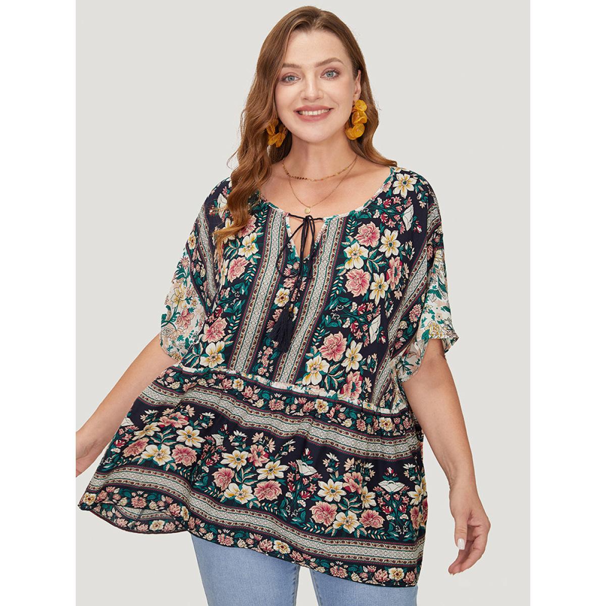 Plus Size Midnight Bandana Print Tie Neck Tassels Batwing Sleeve Blouse Women Vacation Short sleeve Tie Neck Dailywear Blouses BloomChic 18-20/2X Product Image