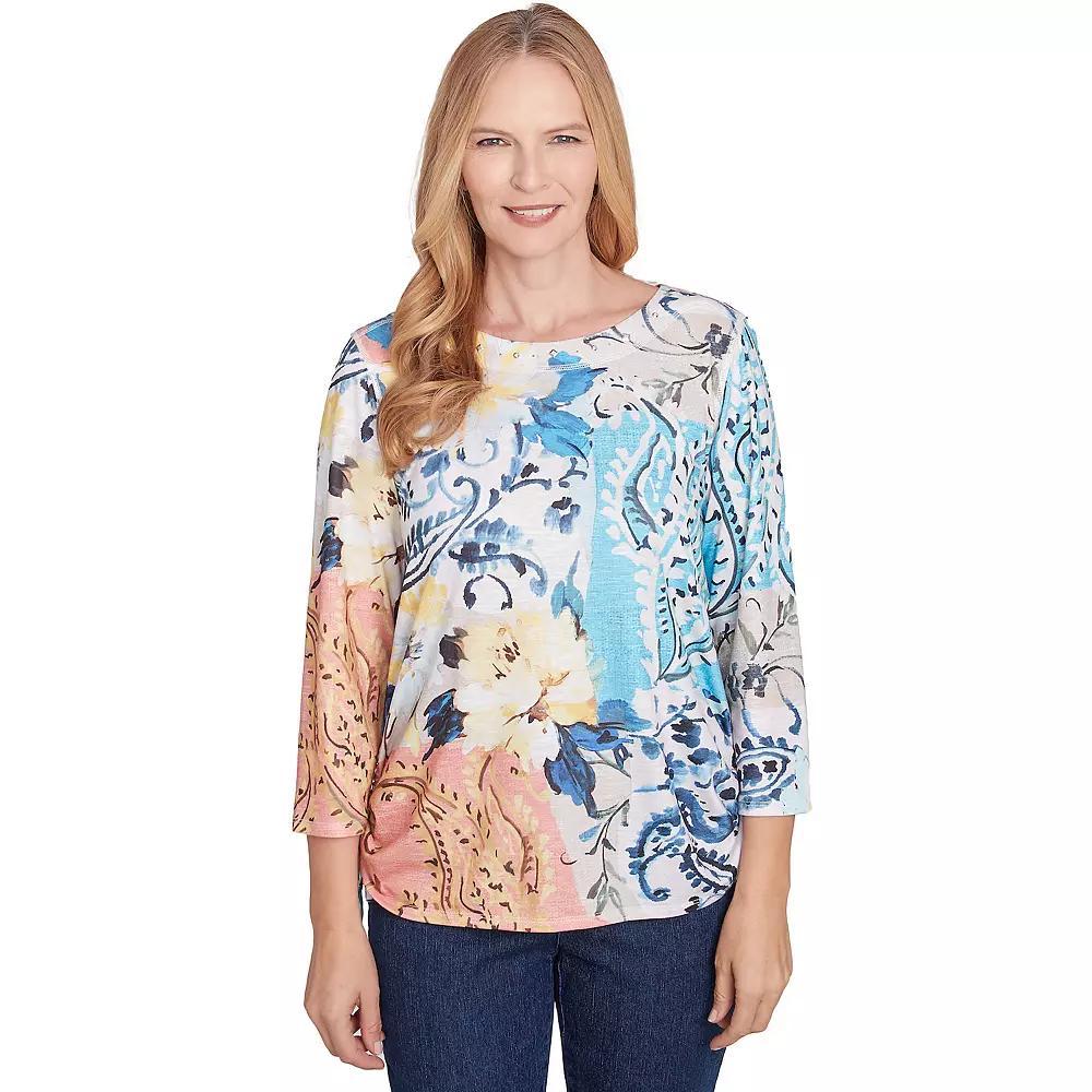 Women's Alfred Dunner Floral Patch Drawstring Side Top, Size: Large, Multi Blue Product Image