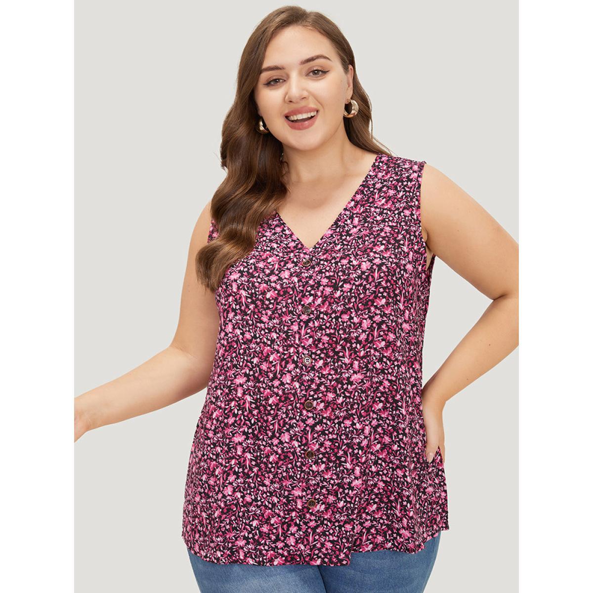 Plus Size Ditsy Floral Sleeveless Button Detail Tank Top Women BlackFlower Casual Button V-neck Everyday Tank Tops Camis BloomChic 14-16/1X Product Image