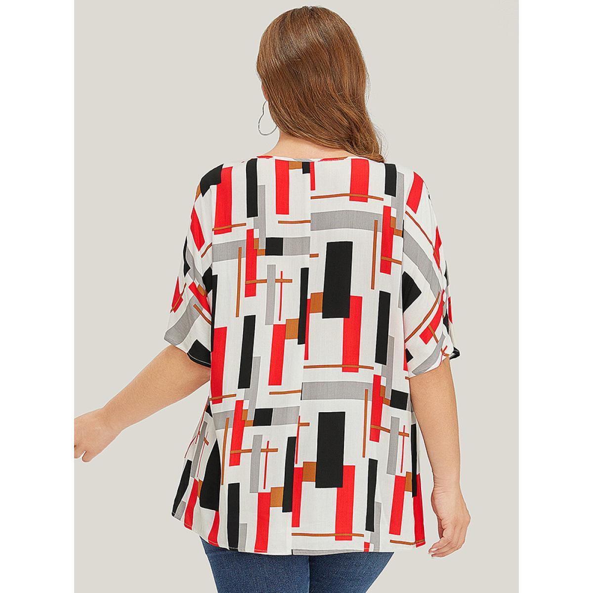 Plus Size Multicolor Geometric Contrast Dolman Sleeve Blouse Women Casual Short sleeve V-neck Dailywear Blouses BloomChic 30/6X Product Image