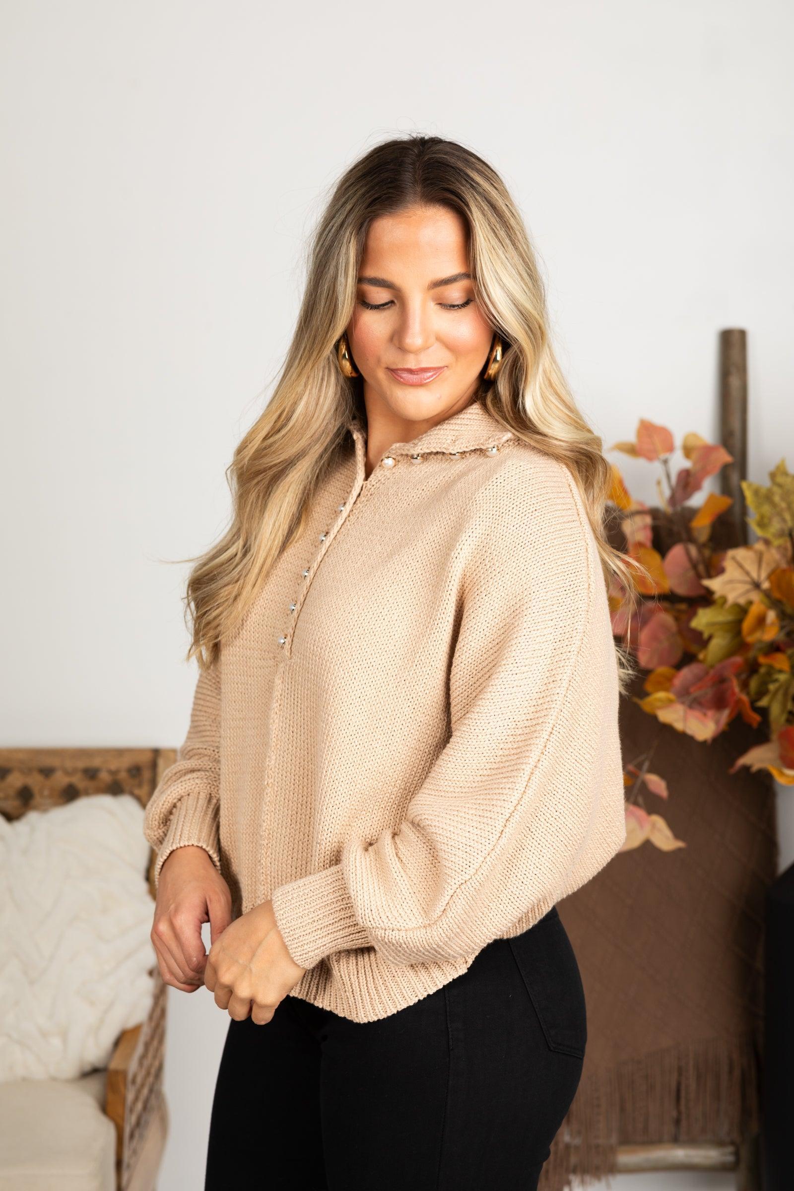 Dolman Sleeve Mock Neck Pearl Button Sweater Product Image