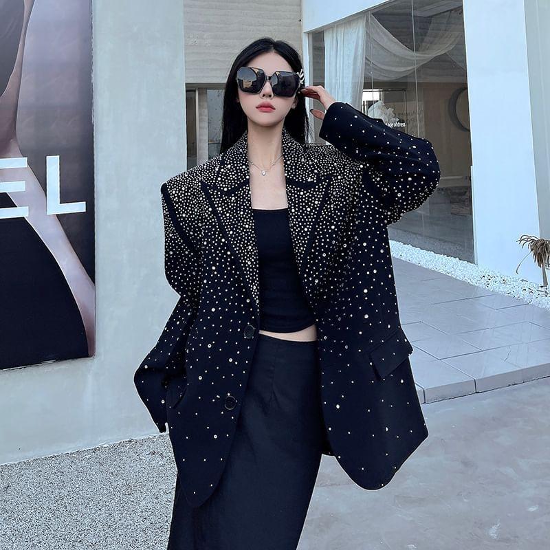 Peak Lapel Plain Rhinestone Single Breasted Blazer Product Image