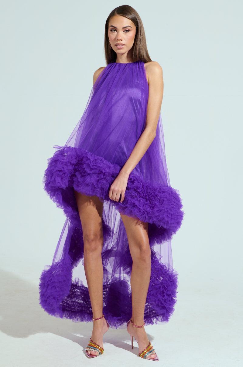ARI TULLE RUFFLE HIGH LOW DRESS IN PURPLE Product Image