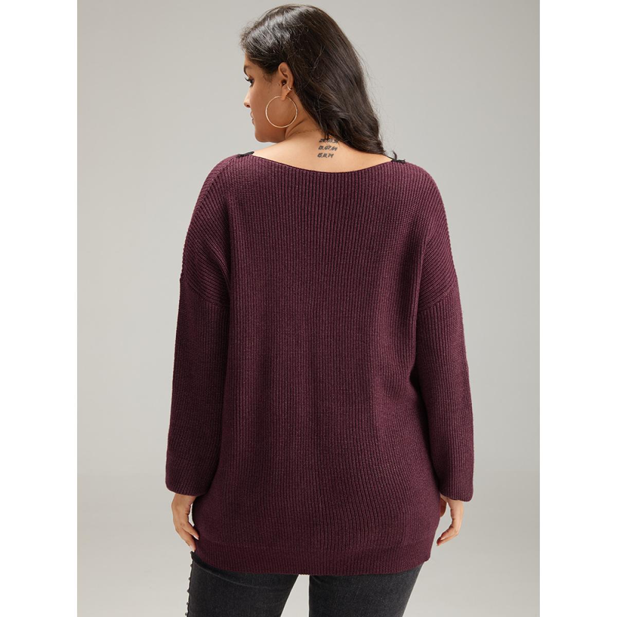 Plus Size Supersoft Essentials Lace Insert Drop Shoulder Pullover Burgundy Women Casual Loose Long Sleeve V-neck Dailywear Pullovers BloomChic 28/5X Product Image