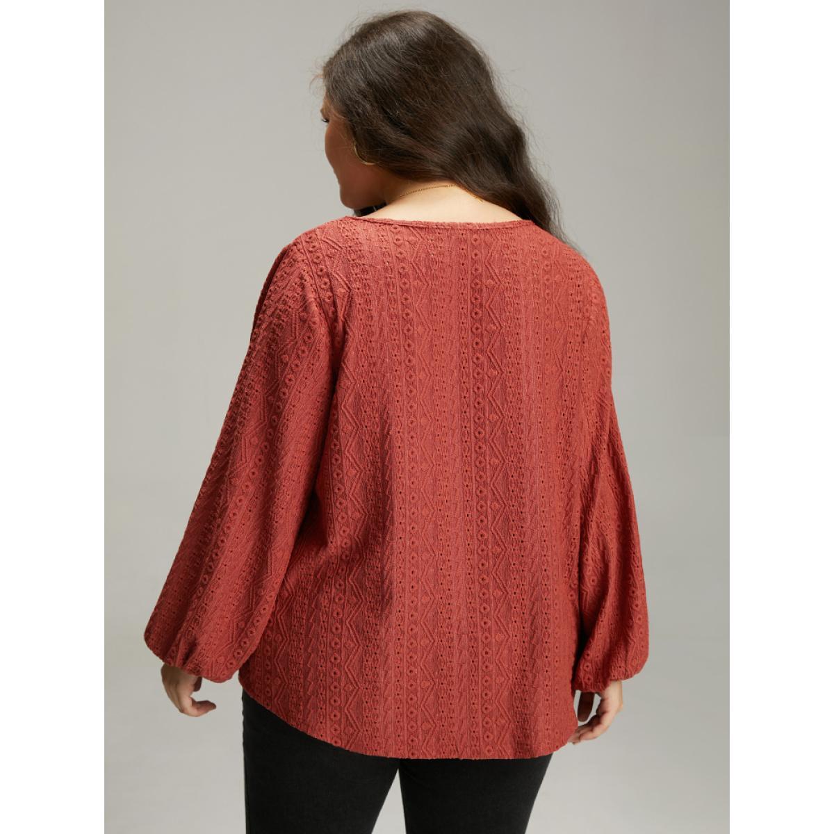 Plus Size Keyhole Plicated Detail Lantern Sleeve T-shirt Rust Women Elegant Elastic cuffs Plain V-neck Dailywear T-shirts BloomChic 30/6X Product Image