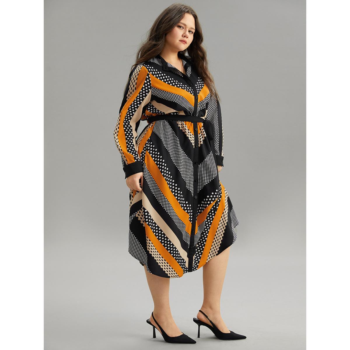 Plus Size Polka Dot Striped Belted Button Through Dress Orange Women At the Office Belted Mock Neck Long Sleeve Curvy Midi Dress BloomChic 12/L Product Image