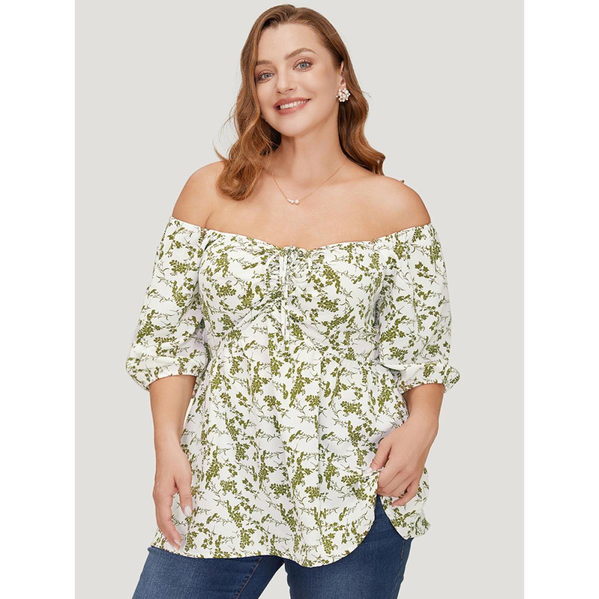 Plus Size Ivory Ditsy Floral Puff Sleeve Ruched Drawstring Blouse Women Elegant Half Sleeve Round Neck Dailywear Blouses BloomChic 12/L Product Image